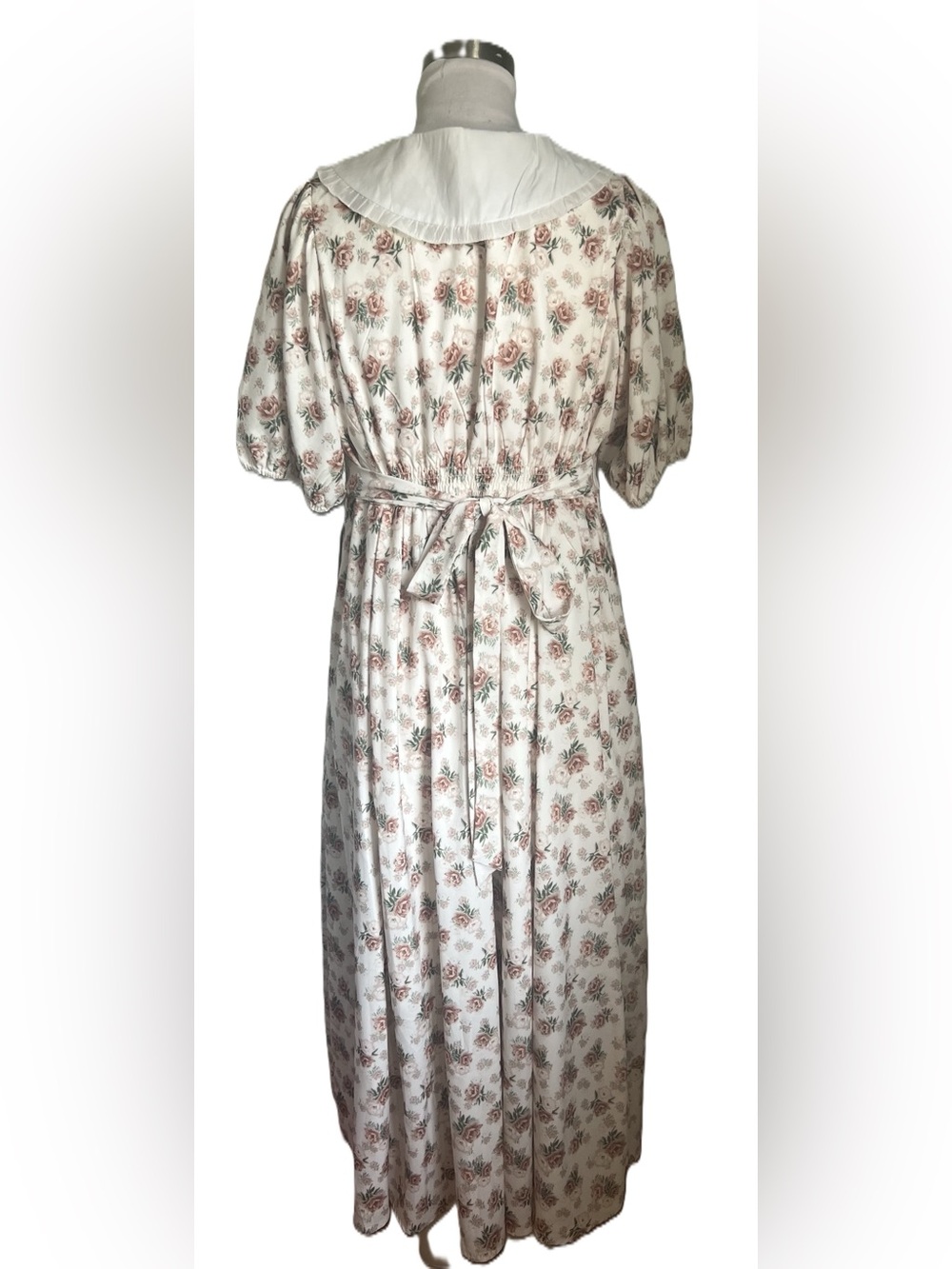 Floral Tie-Neck White Maxi dress with Dusty Rose Print. - Picture 2 of 5